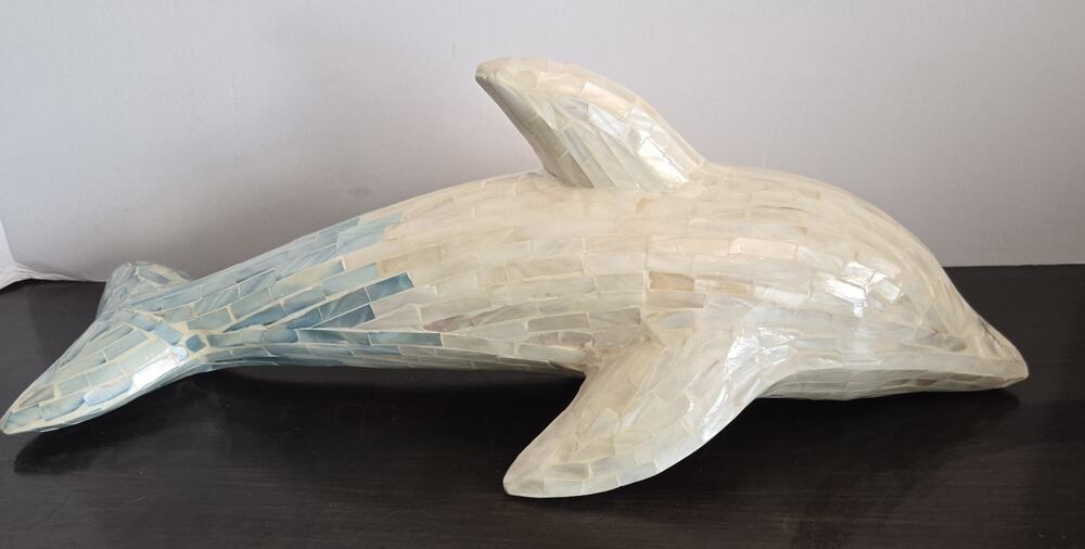 Vintage Mother of Pearl Mosaic Dolphin Sculpture Figurine Iridescent 18"
